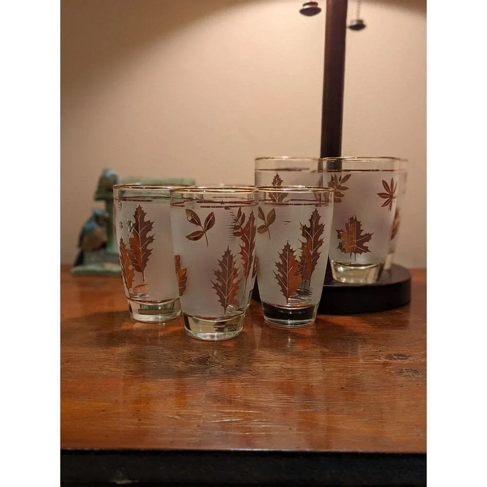 Vintage‎ MCM Gold Leaf Libbey Frosted Tumblers Set of 4 Cocktail Glasses